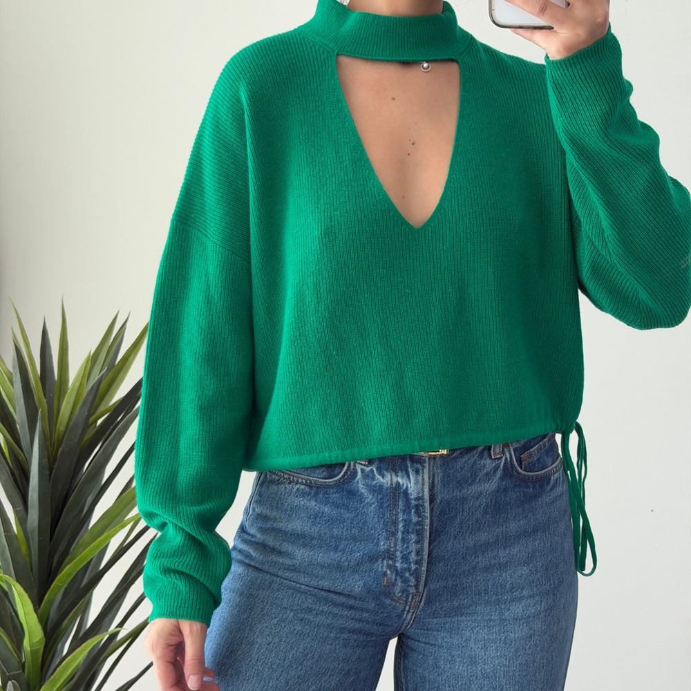 The Sei Sweater Womens Small Kelly Green Merino Wool Cashmere Choker Cutout